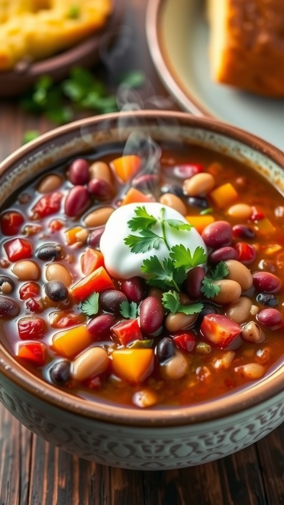 A bowl of 4-bean chili with beans, tomatoes, and bell peppers, garnished with cilantro and sour cream, on a rustic table with cornbread.